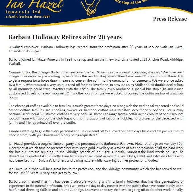 Barbara Holloway Retires from Ian Hazel Funerals Aldridge after 20 years