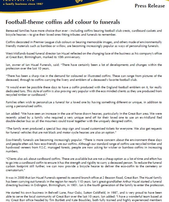 Football-theme coffins add colour to funerals at Ian Hazel Funeral Directors Sutton Coldfield